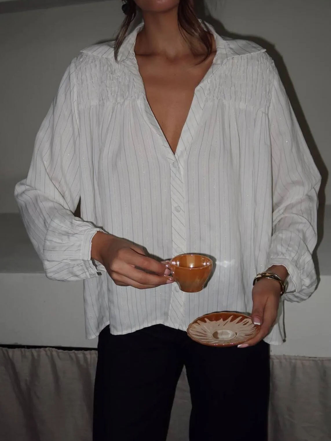 Gipe Detaylı Işıltılı Gömlek Beyaz