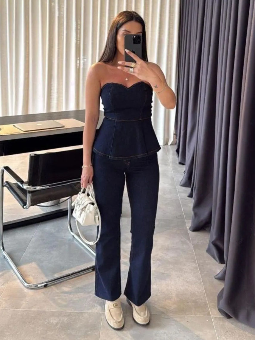 Denim Straplez Volanlı Takım