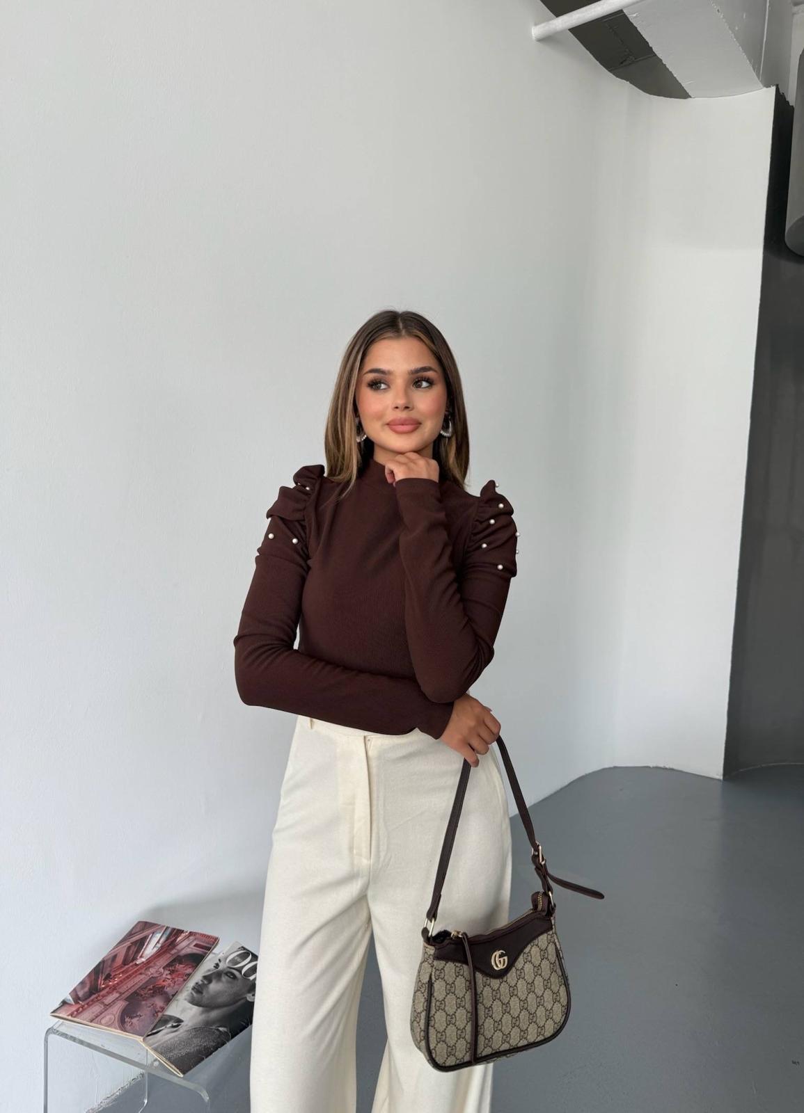 Kahverengi Prenses Kol İncili  Bluz