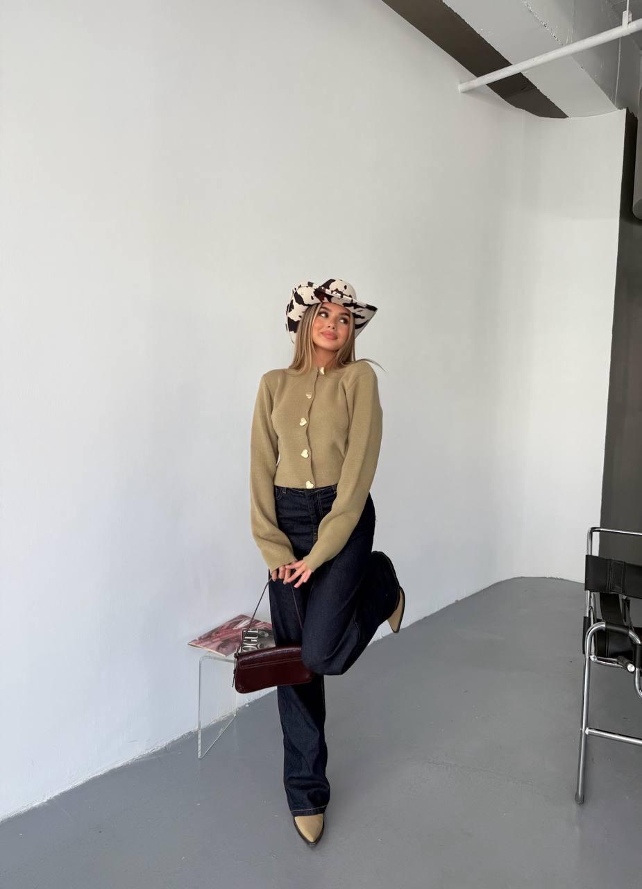 Haki Kalp Düğmeli Uzun Kol Triko Hırka