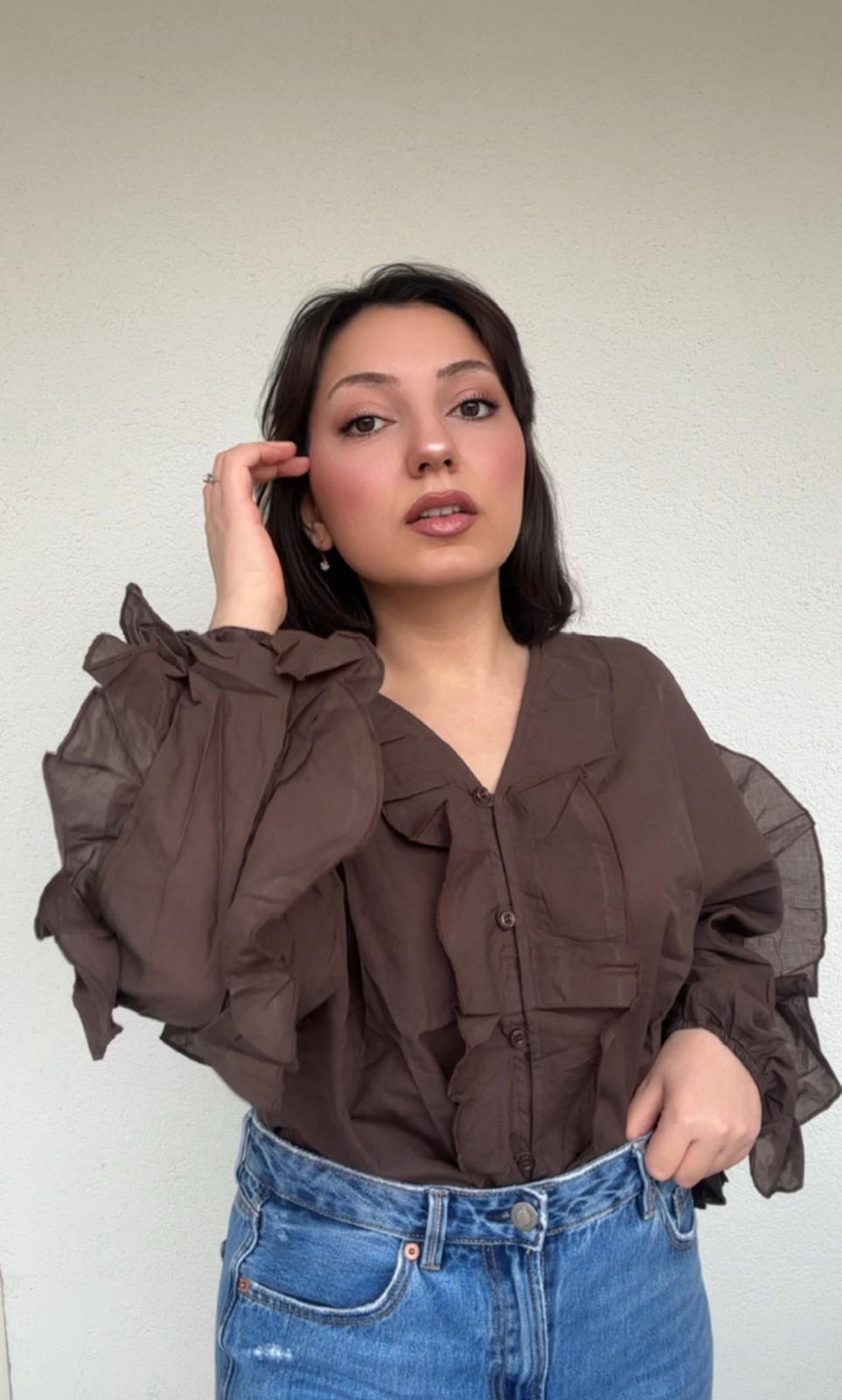 Volanlı %100 Pamuk Massim Gömlek Kahverengi